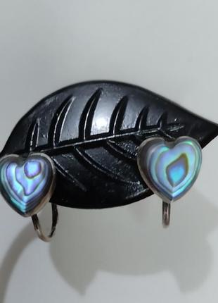 Silver серебряные серьги сердечко с черепашкой abalone винтаж