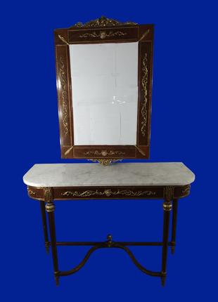 Винтажный комплект столика и зеркала с мрамором и элементами б...