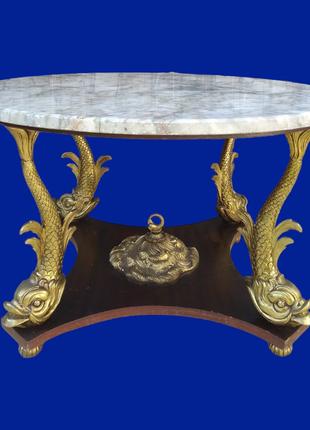Деревянный стол с мрамором и бронзой "Рыбы" арт. 0901