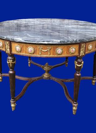 Вінтажний дерев'яний стіл з мармуром та елементами бронзи і ке...