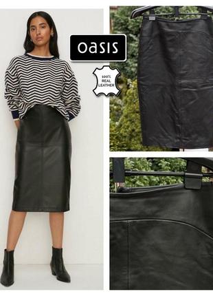 Oasis стильная кожаная юбка миди черная натуральная кожа s
