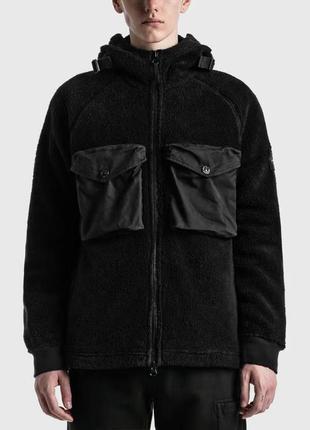 Stone island black cotton pile hooded zip-up