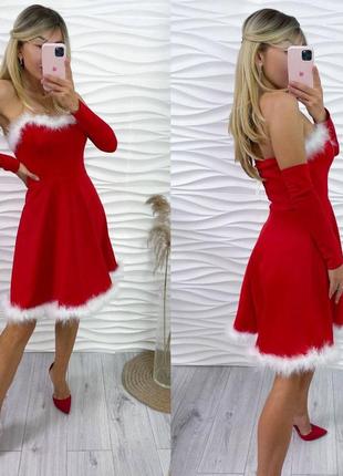 Женское новогоднее красное платье снегушечки короткая с пухом