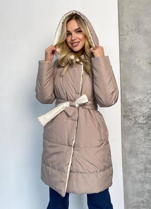 Жіноча зимова двостороння куртка з поясом зефирка