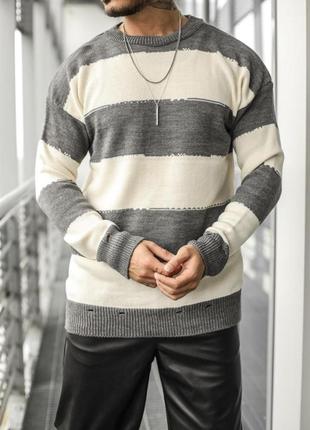 Теплый вязаный мужской свитер оверсайз oversize р.S-XL серый в...
