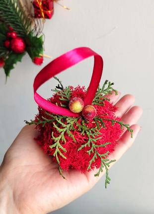 Новорічний декор. червона куля зі стабілізованого моху.