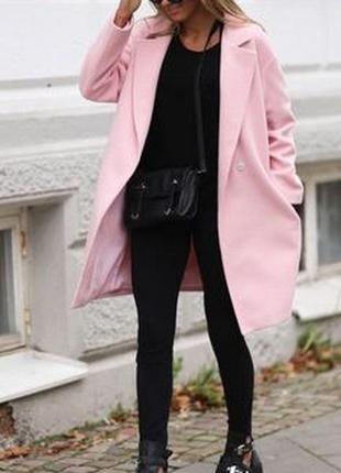 Розовое теплое деми пальто прямое длинное с воротником батал б...