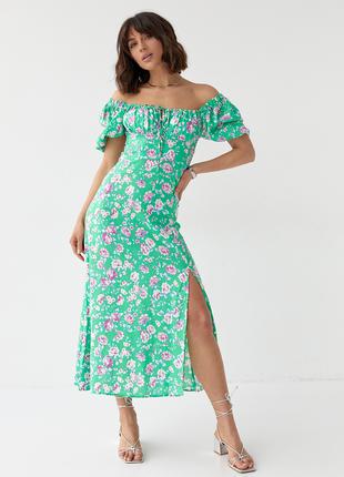 Летнее цветочное платье миди с кулиской на груди - зеленый цве...