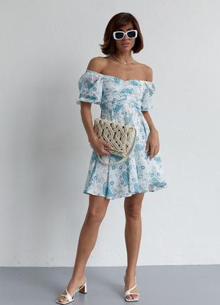 Летнее платье мини с драпировкой спереди - бирюзовый цвет, S