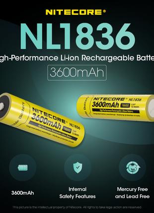 Аккумулятор литиевый Li-Ion 18650 Nitecore NL1836 3.6V (3600mA...