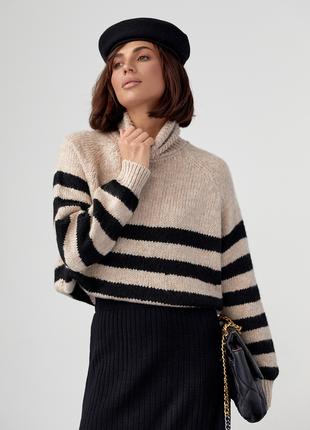 Вязаный женский свитер в полоску - бежевый цвет, L