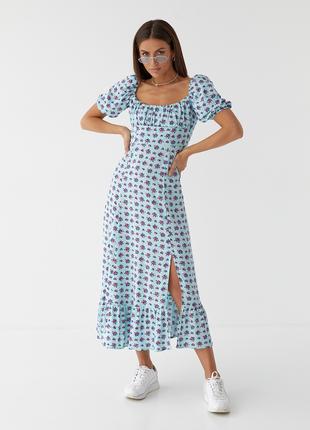 Довга квіткова сукня з оборкою hot fashion - бірюзовий колір, M