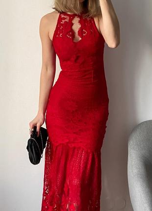 Красное вечернее платье макси из кружева