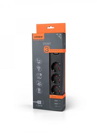 Сетевой удлинитель VIDEX ONCORD с/с 3п 3м (3x1.5мм) 2.4А 2USB+...