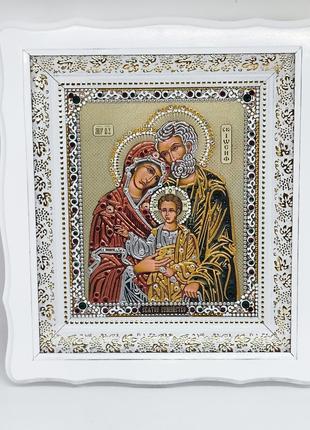 Икона Святое Семейство с декором стразами в белом киоте 27×24 см