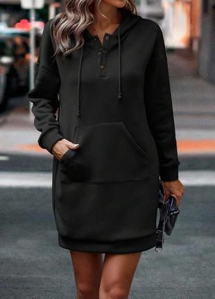 Платье-туника с капюшоном и карманом кенгуру черный
