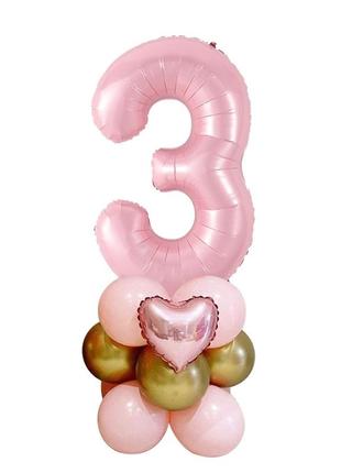 Куля цифра "3"  рожева  76 см на підставці з кульок.
