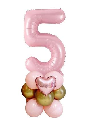 Куля цифра "5" рожева 76 см на підставці з кульок.