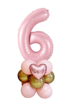 Куля цифра "6" рожева 76 см на підставці з кульок.