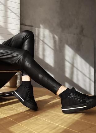 Кроссовки prada macro re-nylon brushed leather sneakers black
