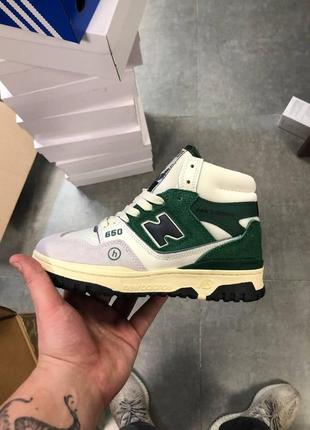 Зимние женские кроссовки new balance 650 hight green white fur