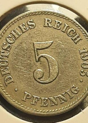 Монета Німеччина 5 пфенігів, 1905 року, Мітка монетного двору ...