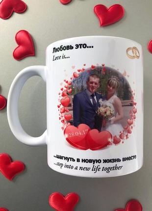 Подарок чашка love is с фото мужу жене кружка