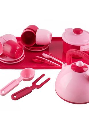 Игровой набор посуды 70309(pink) с чайником, кастрюлей и подносом
