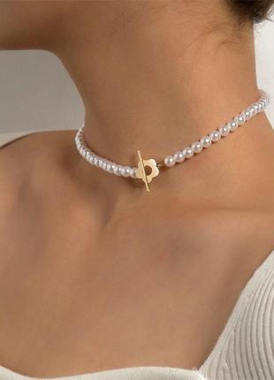 Шикарное ожерелье чокер с жемчугами и цветком жемчужное кольэ