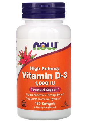 NOW Foods, высокоэффективный витамин D3, 1000 МЕ, 180 капсул д3