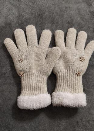 Бежеві утеплені  вовняні рукавиці