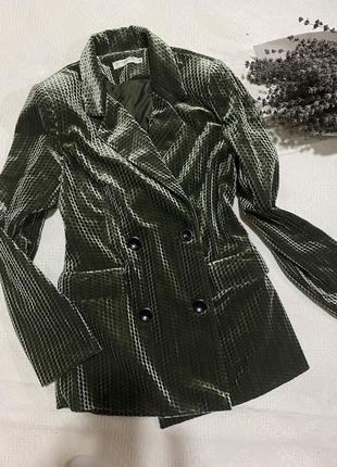 Жакет винтажный зеленый бархатный изумрудный пиджак двубортный...