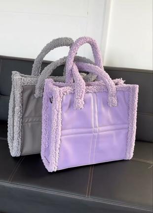 Жіноча сумка лавандова сумка шопер шоппер сумка тедді пухнаста
