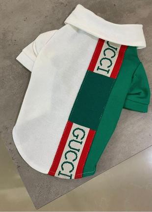 Брендовая футболка поло для собак gucci с зеленой полосой белая