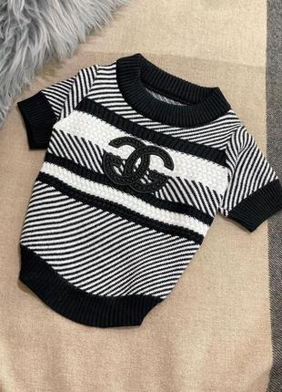 Брендовый свитер для собак chanel  в полоску и логотипом на сп...