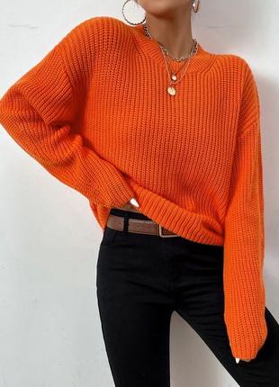 Оранжевый вязаный свитер оверсайз, свободный свитер теплый ярк...