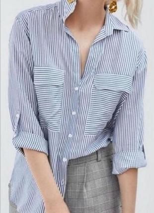 Zara вискозная блузка рубашка в полоску с накладными карманами