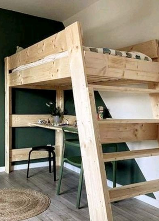Ліжко двоповерхове з дерева зі столешницею