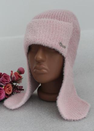 Новая мягкая шапка ушанка из альпаки (утепленная флисом) розов...