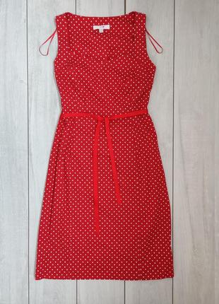 Легкое приталенное красное стрейчевое платье в горошек