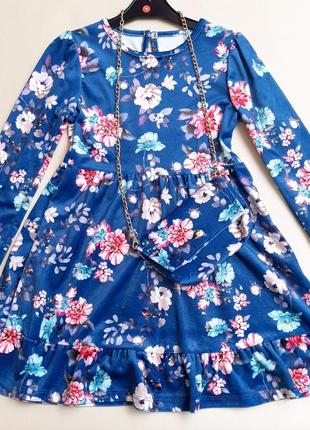 Платье детское велюровое синие в цветке