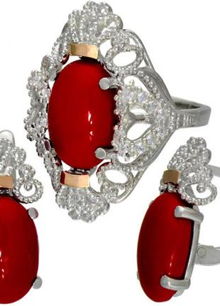 Серьги и кольцо - серебряный набор женских украшений с золотым...