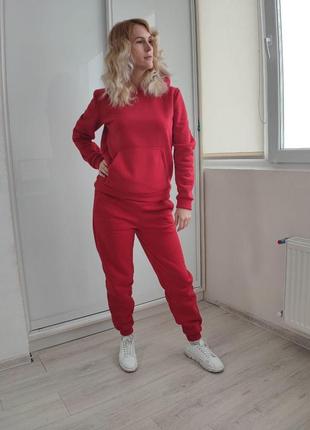 Спортивный женский костюм 3-нить тепленький кенгуру красный