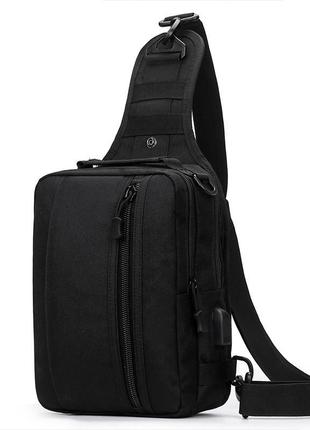 Черная тактическая сумка-рюкзак, борсетка на одной лямке + usb...