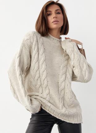Вязаный свитер с косами oversize - бежевый цвет, L