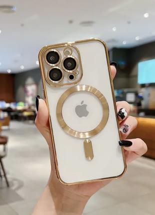 Прозрачно-золотой чехол MagSafe для Iphone 15 и защитой на камеру