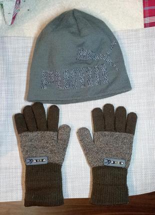 Шапка puma и утепленные перчатки, рукавички 6-9лет.