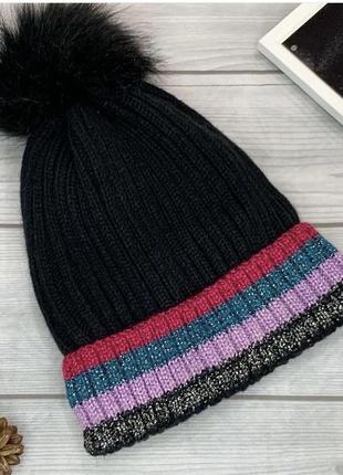 Новая теплая зимняя женская шапка черная с помпоном на флисе c...