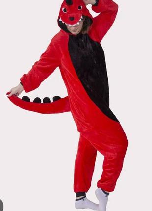 Пижама кигуруми Динозавр красный, тёплая пижама красный дино д...