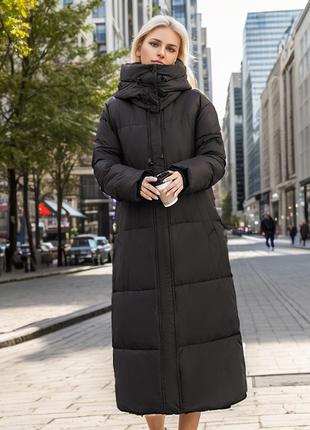 Пуховик пальто женское миди с капюшоном черное m, зимний пуфер